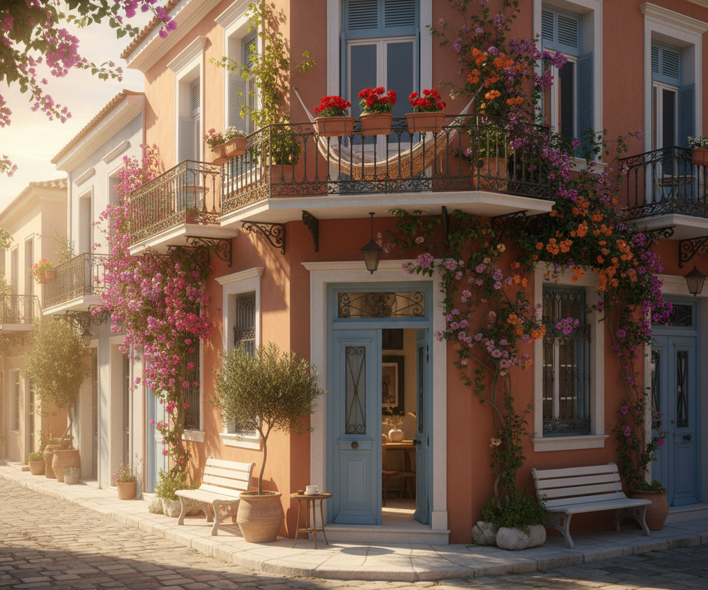 A picturesque, sun-drenched street in a charming Athens neighborhood with traditional neoclassical architecture and vibrant bougainvillea, representing 'The Renter's Guide to Athens' Best Neighborhoods'.
