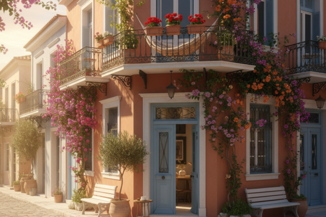 A picturesque, sun-drenched street in a charming Athens neighborhood with traditional neoclassical architecture and vibrant bougainvillea, representing 'The Renter's Guide to Athens' Best Neighborhoods'.