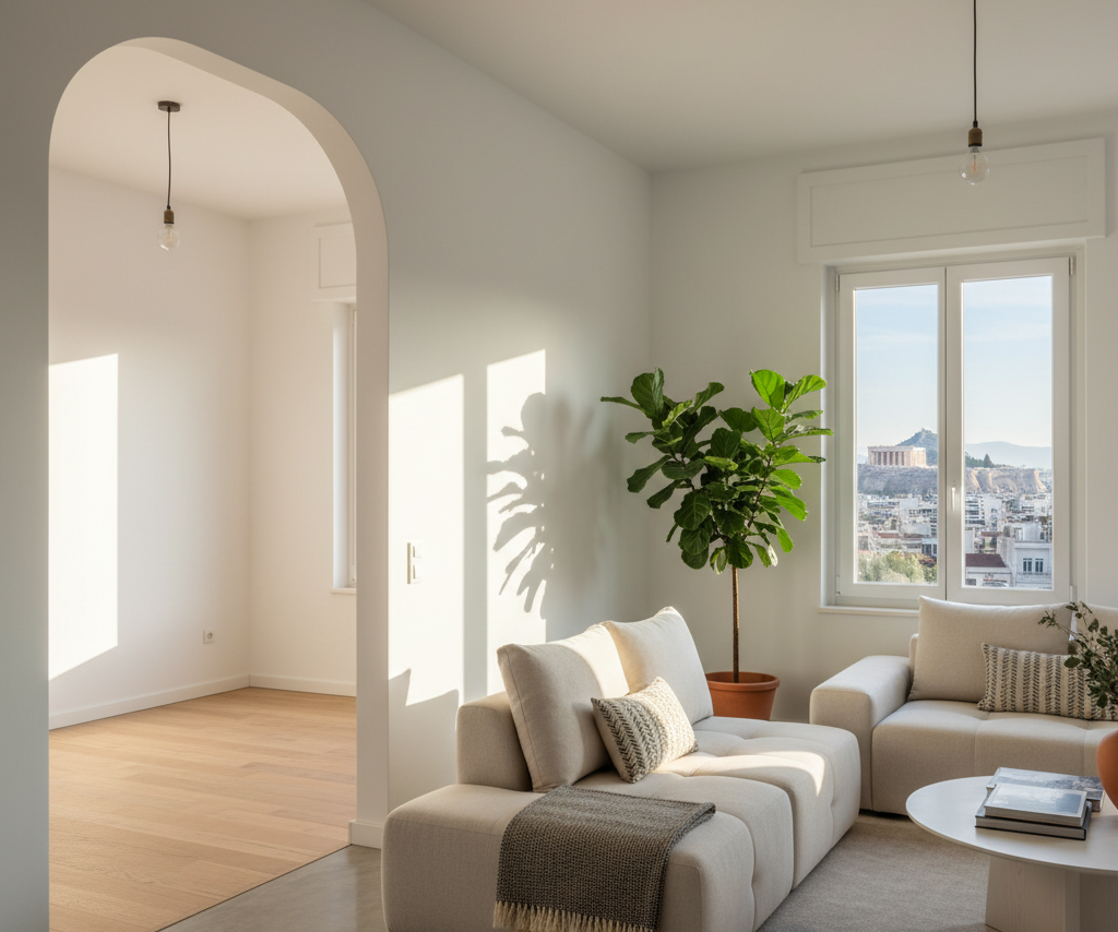A bright, modern Athens apartment interior showing a clear contrast: one side is beautifully furnished with a sofa and decor, while the adjacent room is completely bare. This visual represents the core dilemma discussed in "Furnished vs. Unfurnished Apartments in Athens: A Complete Cost-Benefit Analysis," highlighting the choice between move-in readiness and a blank canvas.