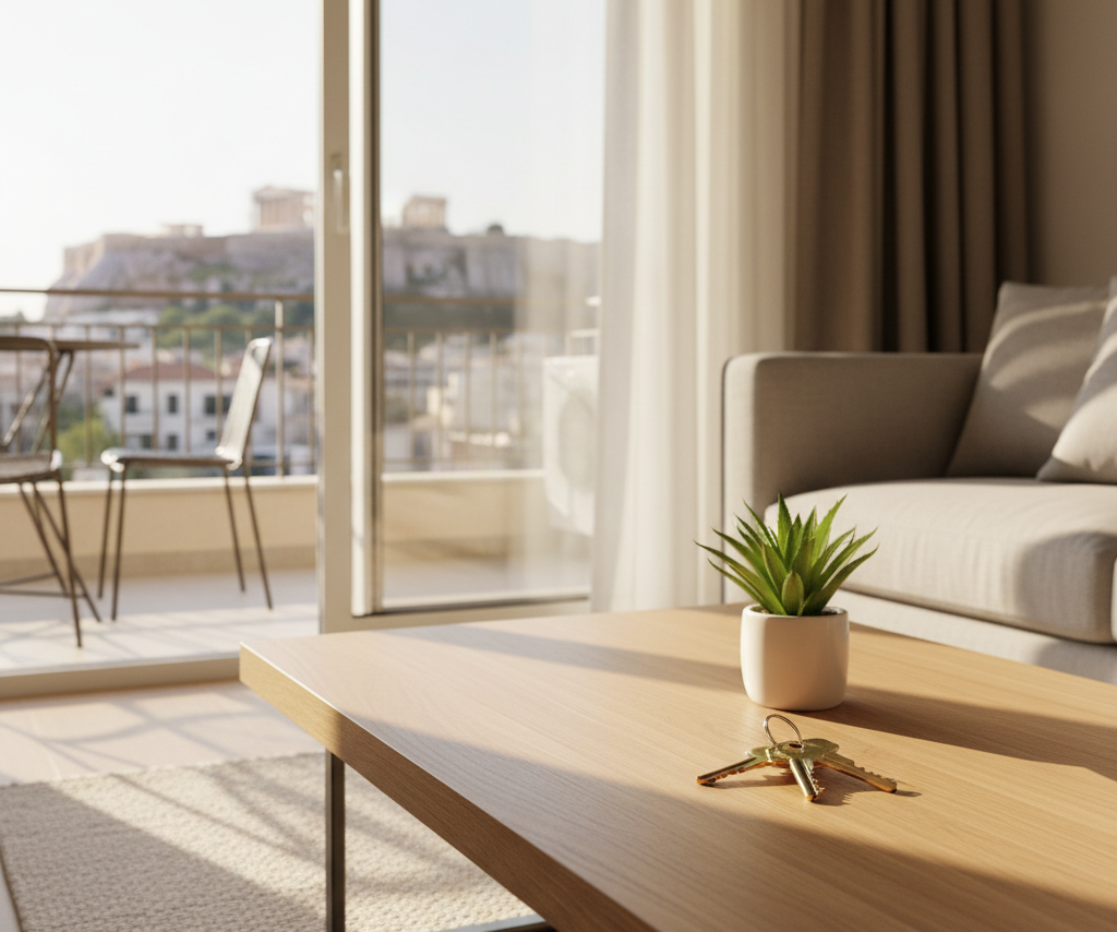 A modern apartment interior in Athens with a view of the Acropolis, featuring elegant keys and a plant on a table, illustrating a step-by-step guide on how to secure a rental apartment in Athens.