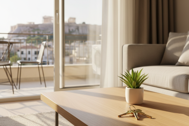 A modern apartment interior in Athens with a view of the Acropolis, featuring elegant keys and a plant on a table, illustrating a step-by-step guide on how to secure a rental apartment in Athens.