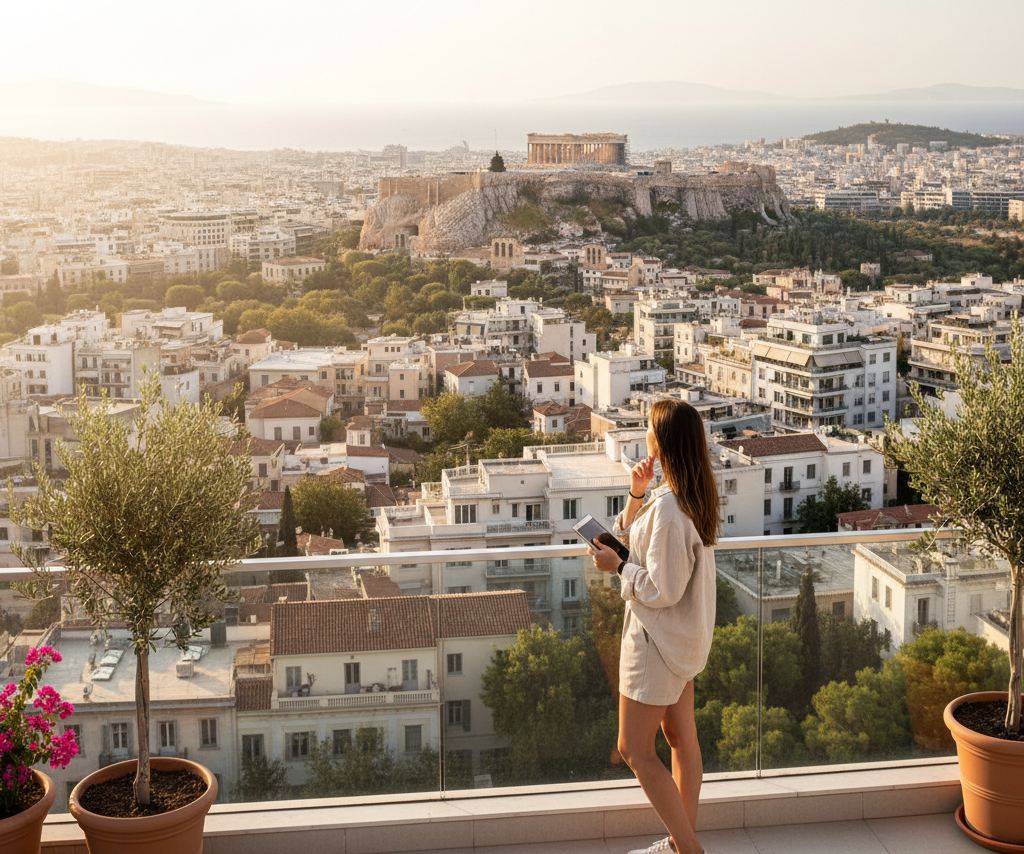 A person stands on an Athens rooftop overlooking a dense cityscape with the Acropolis in the distance, symbolizing the journey of navigating the competitive Athens rental market in 2024, as an insider's guide for renters.