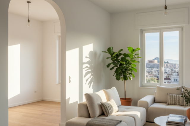 A bright, modern Athens apartment interior showing a clear contrast: one side is beautifully furnished with a sofa and decor, while the adjacent room is completely bare. This visual represents the core dilemma discussed in "Furnished vs. Unfurnished Apartments in Athens: A Complete Cost-Benefit Analysis," highlighting the choice between move-in readiness and a blank canvas.